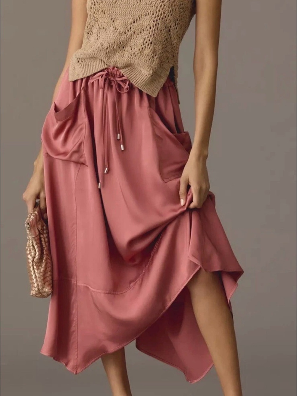 Anthropologie Dusty Rose Satin Parachute Midi Skirt Elastic Waist Small Boho